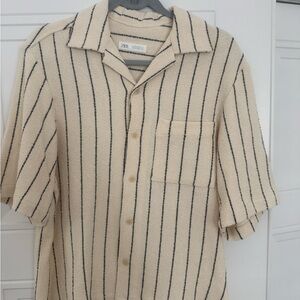 Zara Beige and Black Striped Short Sleeve Shirt